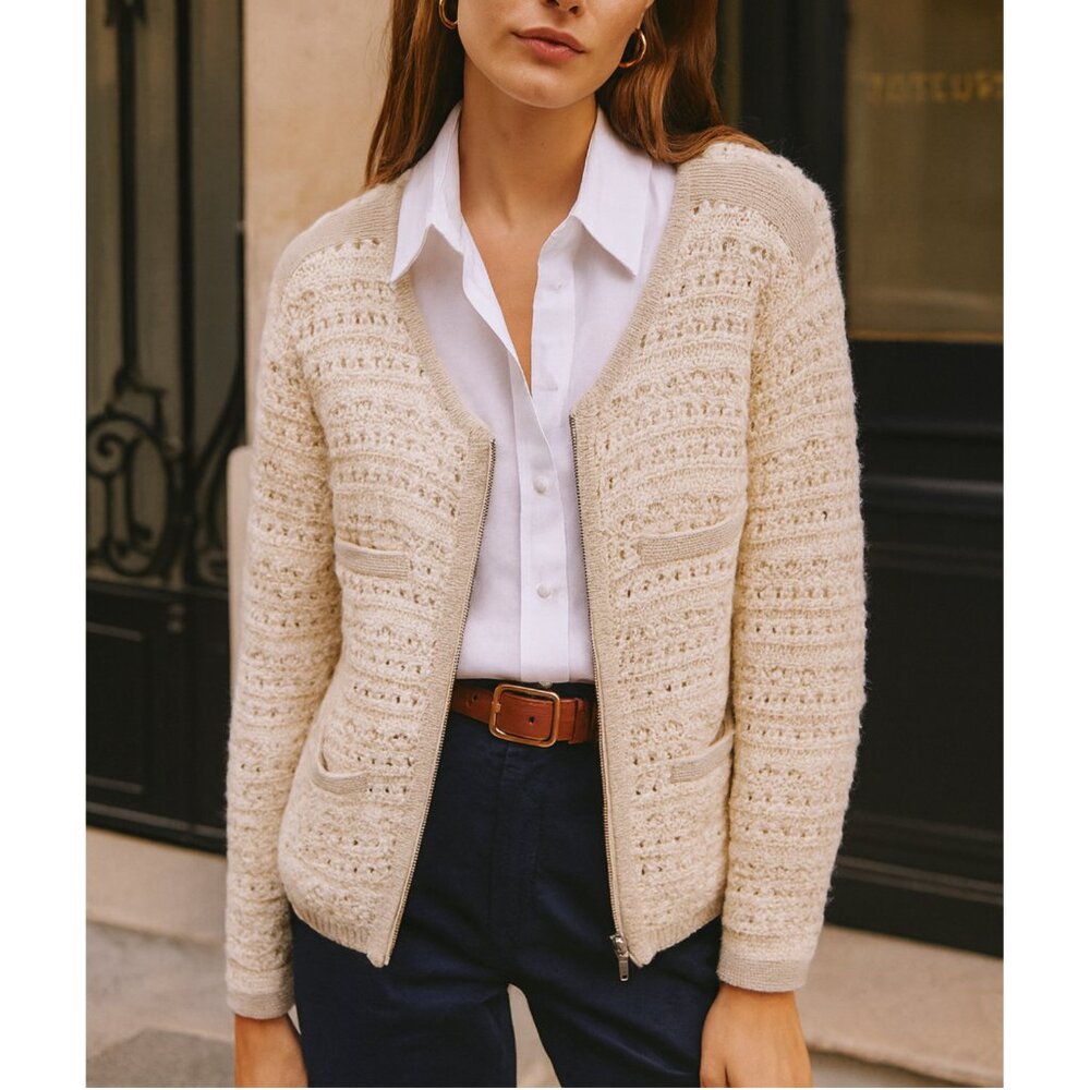 Ann Taylor Crochet Full Zip Cardigan Sweater Open Knit size XL Bohemian Preppy